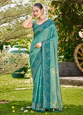 Teal Green Banarasi Satin Silk Elegant Zari Woven Saree