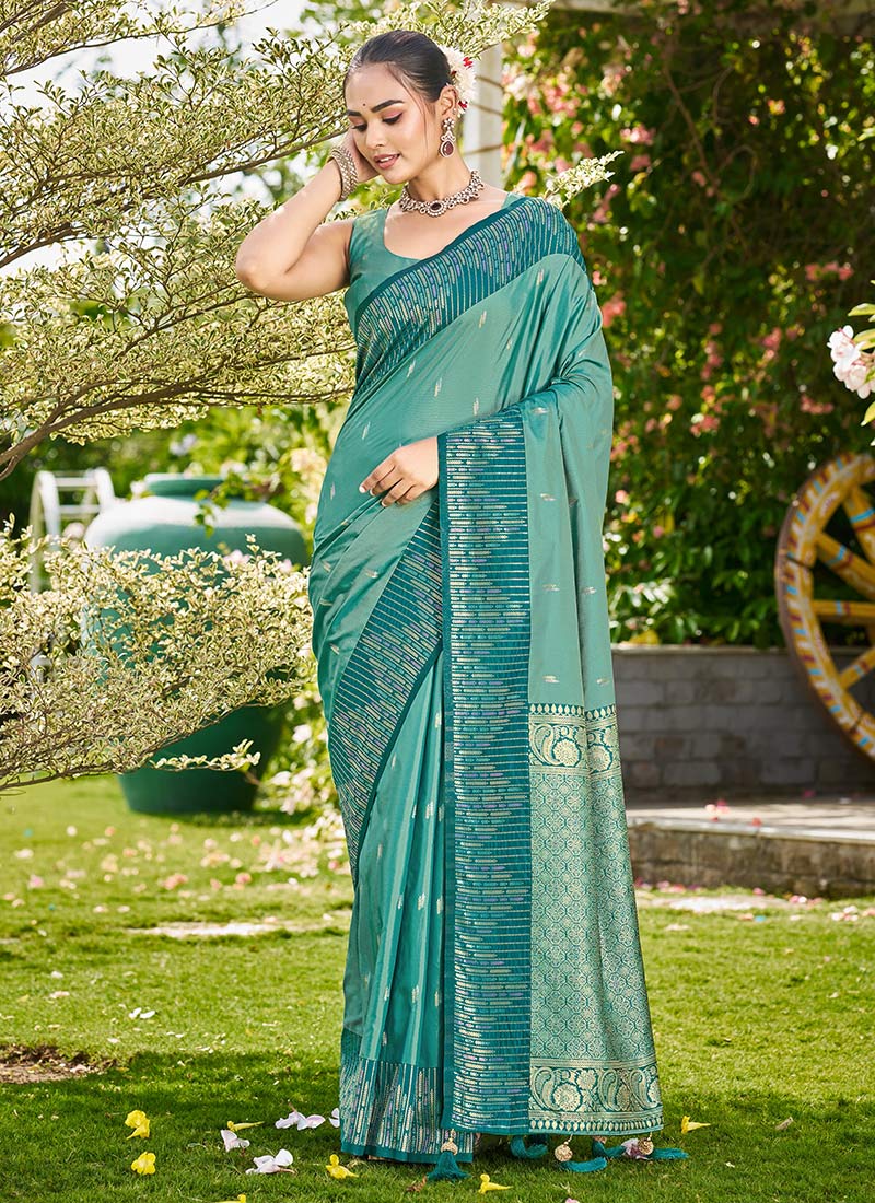Teal Green Banarasi Satin Silk Elegant Zari Woven Saree Festive Wear