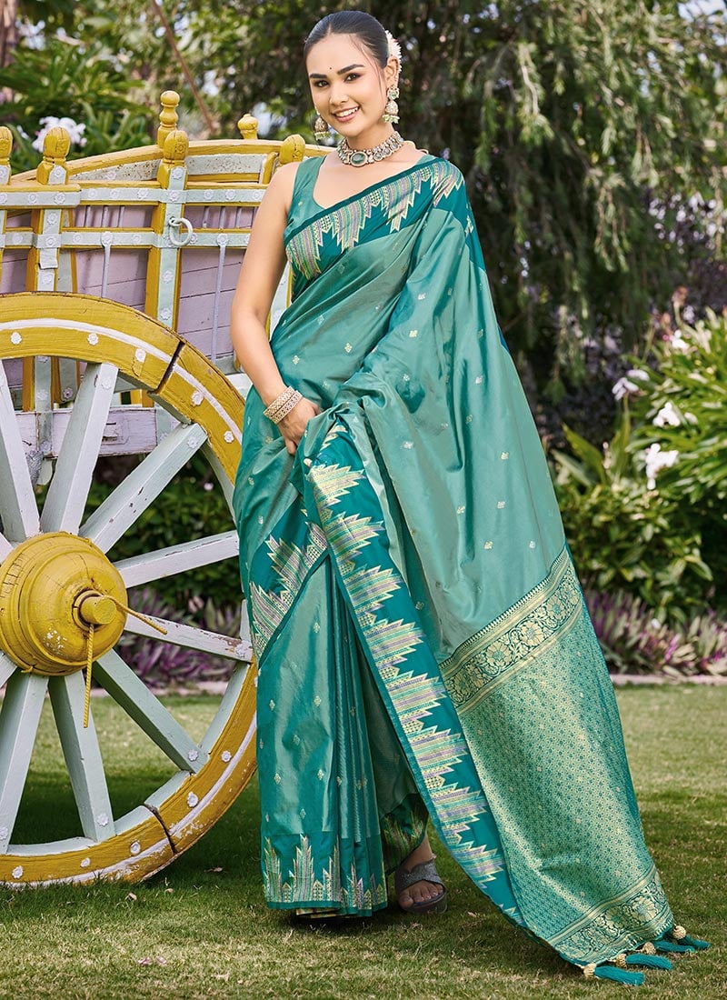 Teal Green Banarasi Satin Silk Radiant Zari Woven Saree Festive Wear