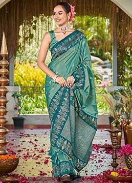 Teal Green Banarasi Satin Silk Radiant Zari Woven Saree