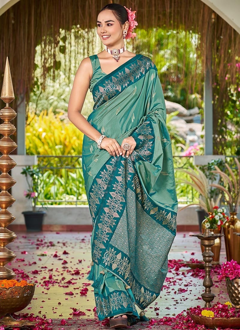Teal Green Banarasi Satin Silk Radiant Zari Woven Saree Festive Wear