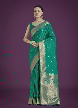 Teal Green Banarasi Satin Silk Zari Woven Saree