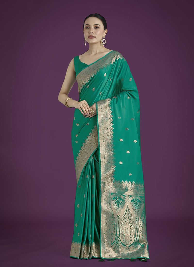 Teal Green Banarasi Satin Silk Zari Woven Saree Festive Wear