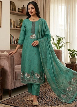 Teal Green Banarasi Silk Jamdani Pichwai Weaving Straight Pant Suit