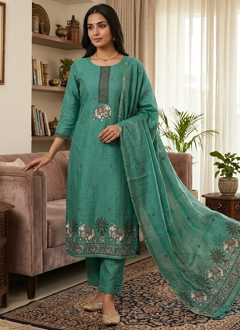 Teal Green Banarasi Silk Jamdani Pichwai Weaving Straight Pant Suit Leisure Wear