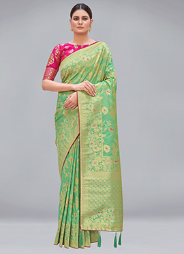 Teal Green Banarasi Silk Zari Woven Saree
