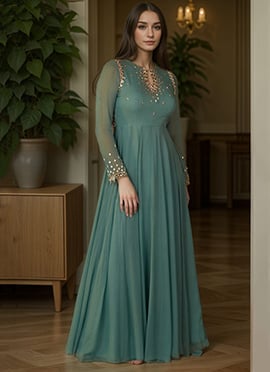 Teal Green Georgette Beads And Sequins Hand Embroidered Anarkali Suit