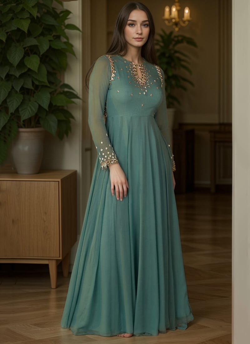 Teal Green Georgette Beads And Sequins Hand Embroidered Anarkali Suit