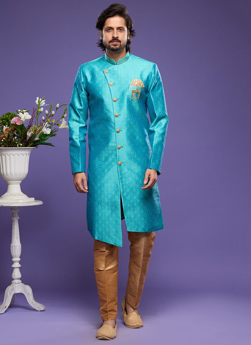 Teal Green Blue Art Silk Jacquard Indowestern Sherwani Party Wear