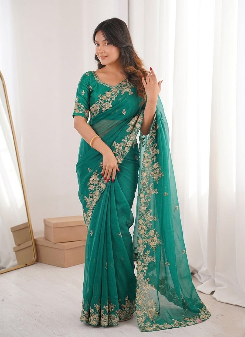 Teal Green Chiffon Embroidered Cut Work Saree Festive Wear