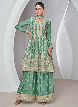 Teal Green Chinnon Silk Embroidered Palazzo Suit