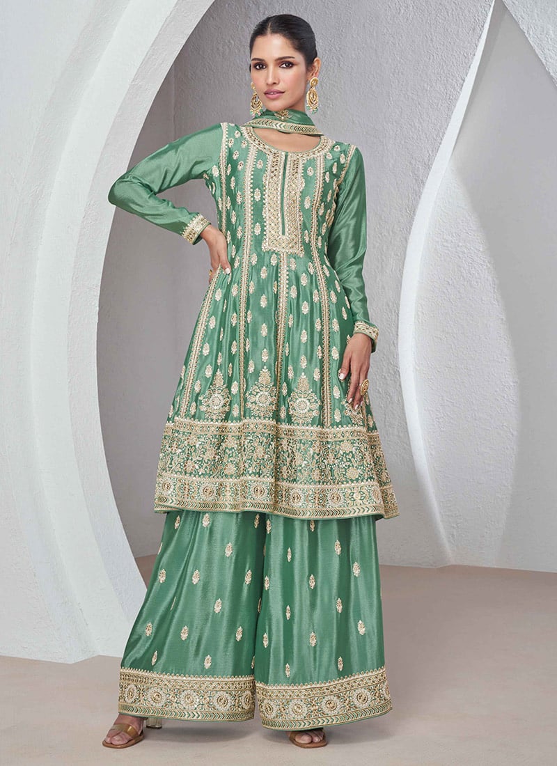 Teal Green Chinnon Silk Embroidered Palazzo Suit Party Wear
