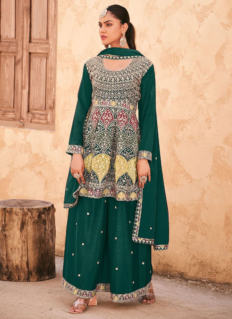 Teal Green Chinon Embroidered Sequins A Line Palazzo Suit Festive Wear