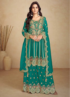 Teal Green Chinon Embroidered Sequins Classy A Line Palazzo Suit