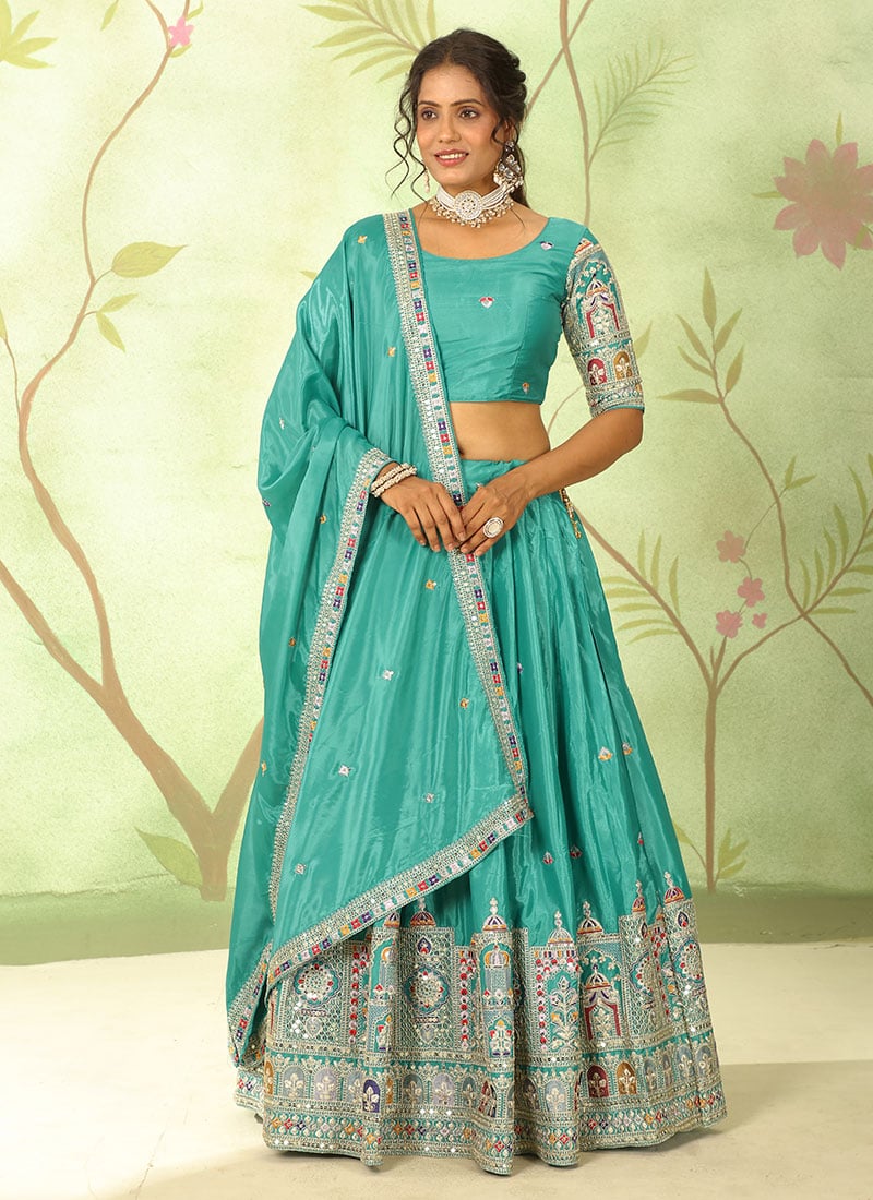 Teal Green Chinon Embroidered Sequins Lehenga Wedding Wear