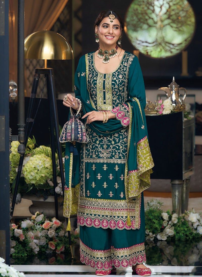 Teal Green Chinon Embroidered Sequins Pakistani Palazzo Suit Wedding Wear