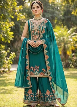 Teal Green Chinon Embroidered Sequins Thread Palazzo Suit
