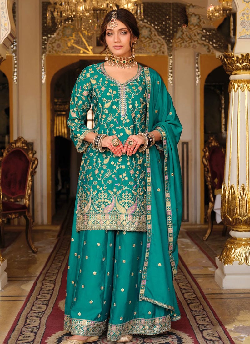 Teal Green Chinon Palazzo Suit With Embroidery Sequins Stone Work Festive Wear