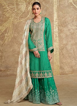 Teal Green Chinon Silk Bandhini Print Gota Embroidered Sequins Palazzo Suit