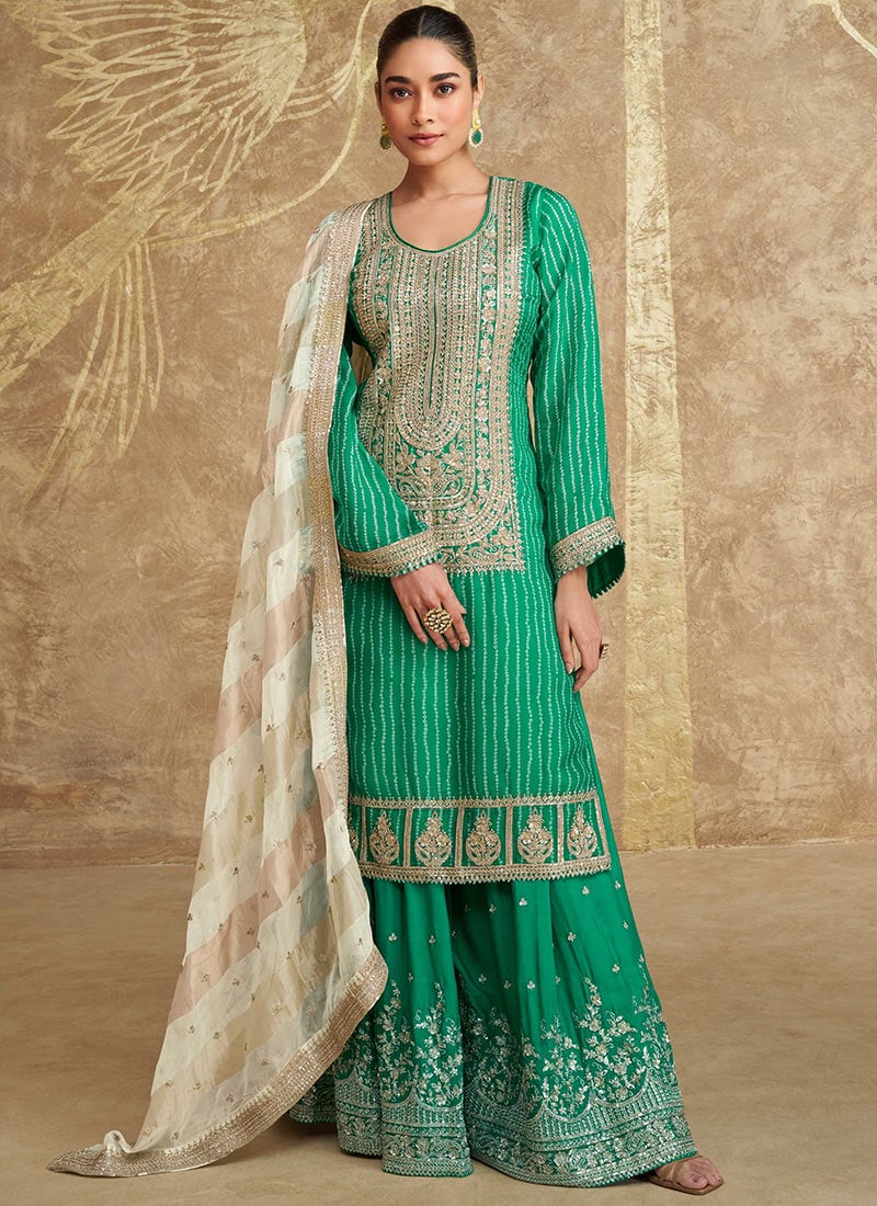 Teal Green Chinon Silk Bandhini Print Gota Embroidered Sequins Palazzo Suit Festive Wear