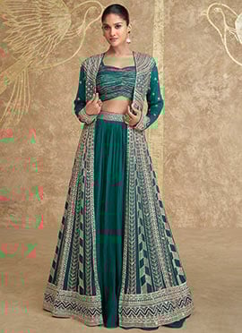 Teal Green Chinon Silk Embroidered And Sequins Indowestern Jacket Lehenga