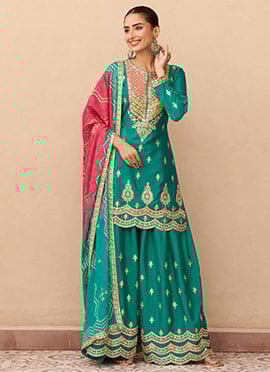 Teal Green Chinon Silk Embroidered Sequins Zari Palazzo Suit
