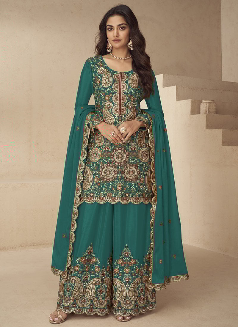 Teal Green Chinon Silk Zari And Sequins Embroidered Palazzo Suit Festive Wear