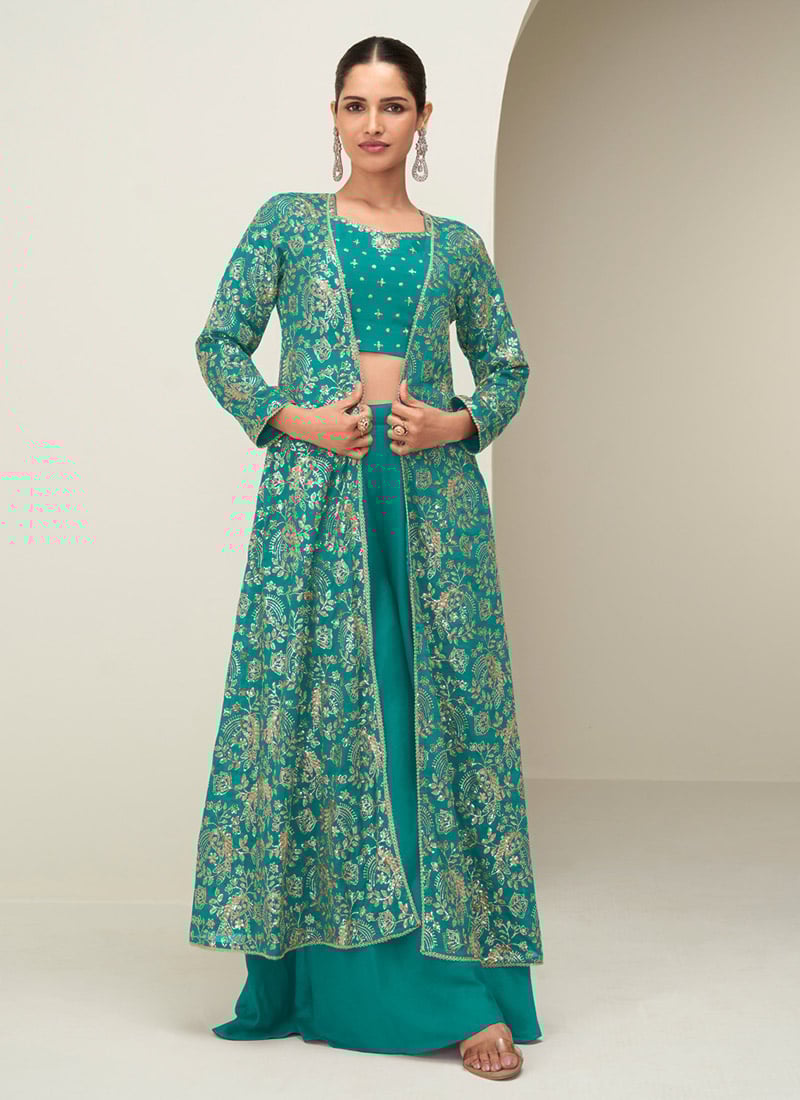 Teal Green Chinon Silk Zari Embroidered Sequins Indowestern Jacket Palazzo Set Festive Wear