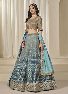 Teal Green Chinon Silk Zari Embroidered Sequins Lehenga