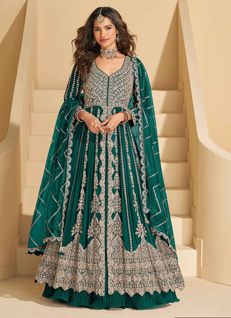 Teal Green Chinon Silk Zari Embroidered Sequins With Stone Work Anarkali Lehenga Wedding Wear