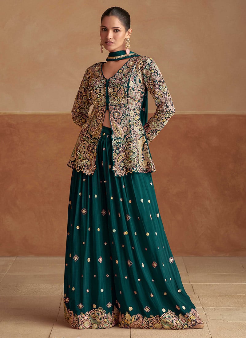 Teal Green Chinon Silk Zari Embroidered Sequins With Stone Work High Slit Palazzo Suit Wedding Wear