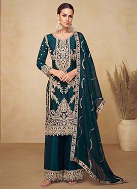 Teal Green Chinon Zari Embroidered Sequins With Stone Work Palazzo Suit
