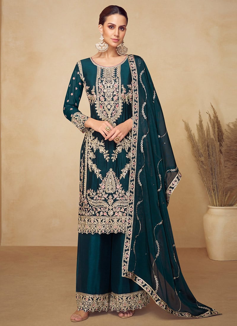 Teal Green Chinon Zari Embroidered Sequins With Stone Work Palazzo Suit Festive Wear