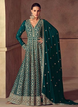 Teal Green Chinon Zari Sequins Beads Embroidered A Line Anarkali Suit