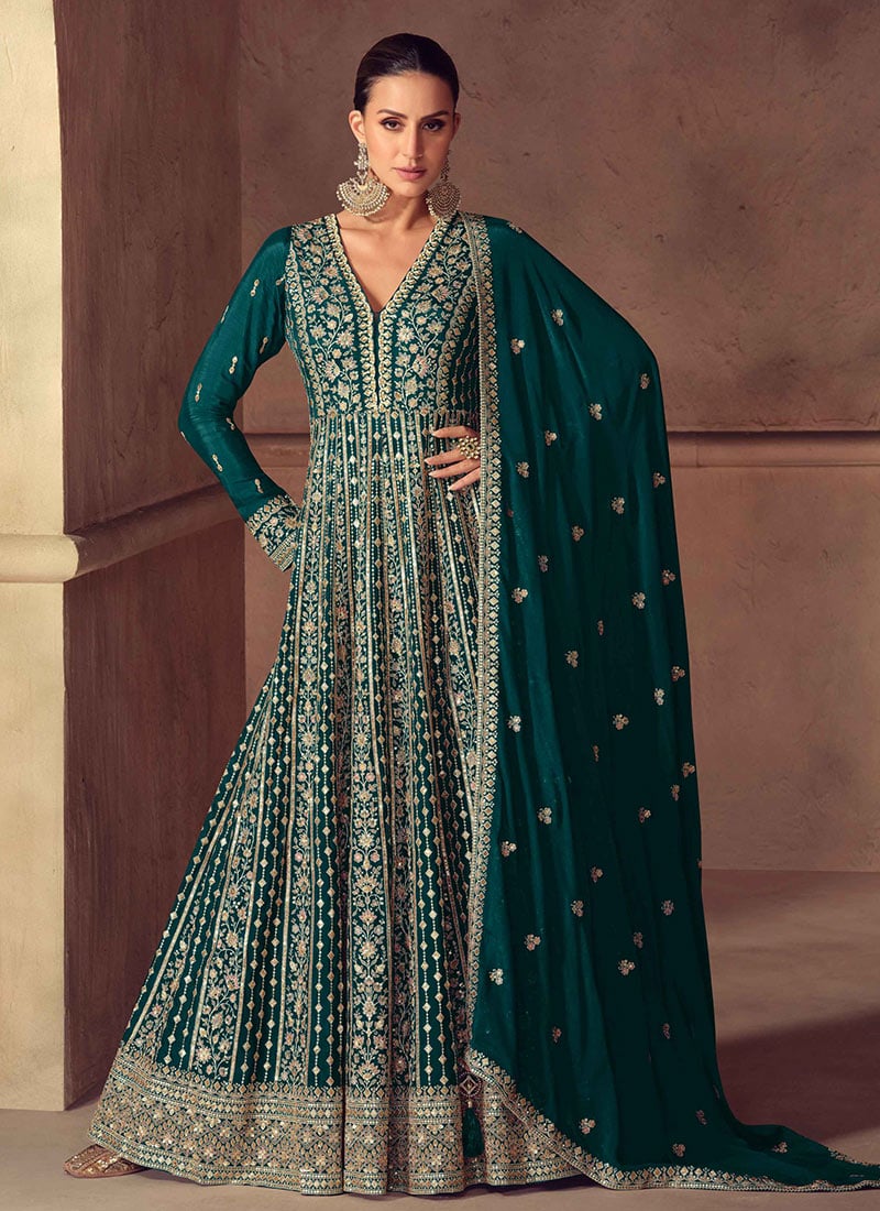 Teal Green Chinon Zari Sequins Beads Embroidered A Line Anarkali Suit Festive Wear