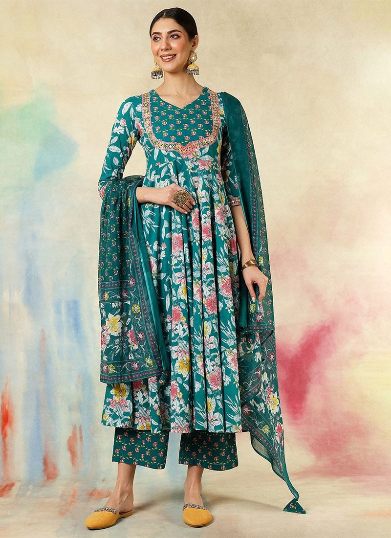 Teal Green Cotton Embroidered Printed Straight Pant Suit  After Six Wear