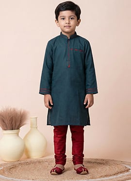 Teal Green Cotton Kids Boys Kurta Pyjama