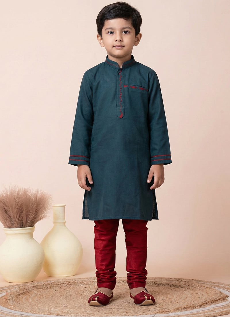 Teal Green Cotton Kids Boys Kurta Pyjama Festive Wear