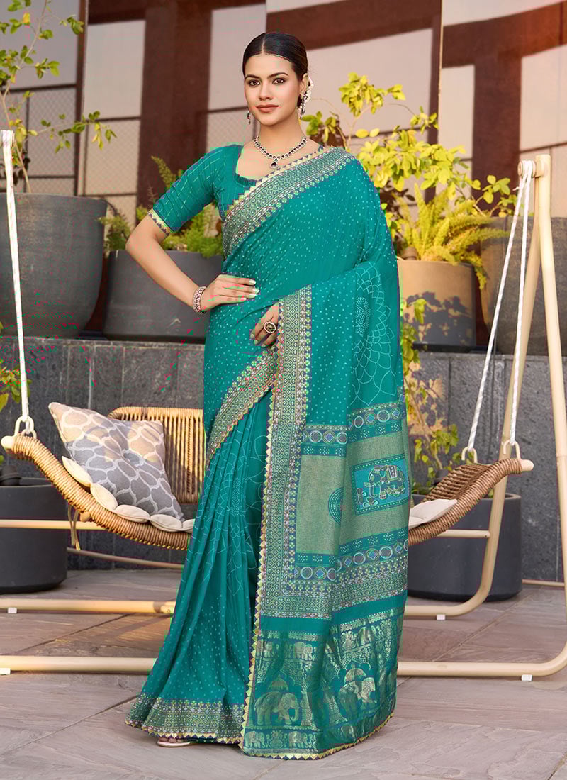 Teal Green Cotton Zari Woven Foil Print Saree