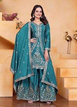 Teal Green Crepe Silk Embroidered Sequins Palazzo Suit