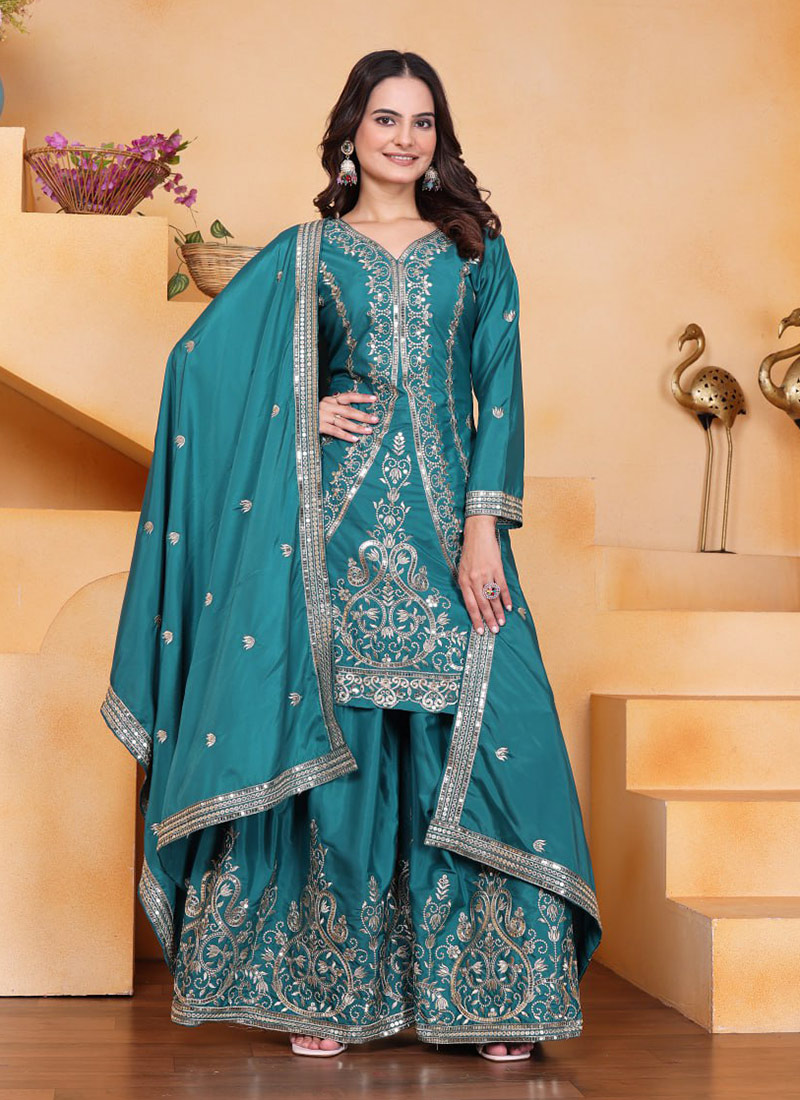 Teal Green Crepe Silk Embroidered Sequins Palazzo Suit Festive Wear