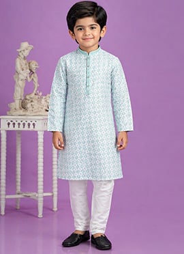 Teal Green Digital Print Kurta Cotton Kurta Pyjama For Kids Boys