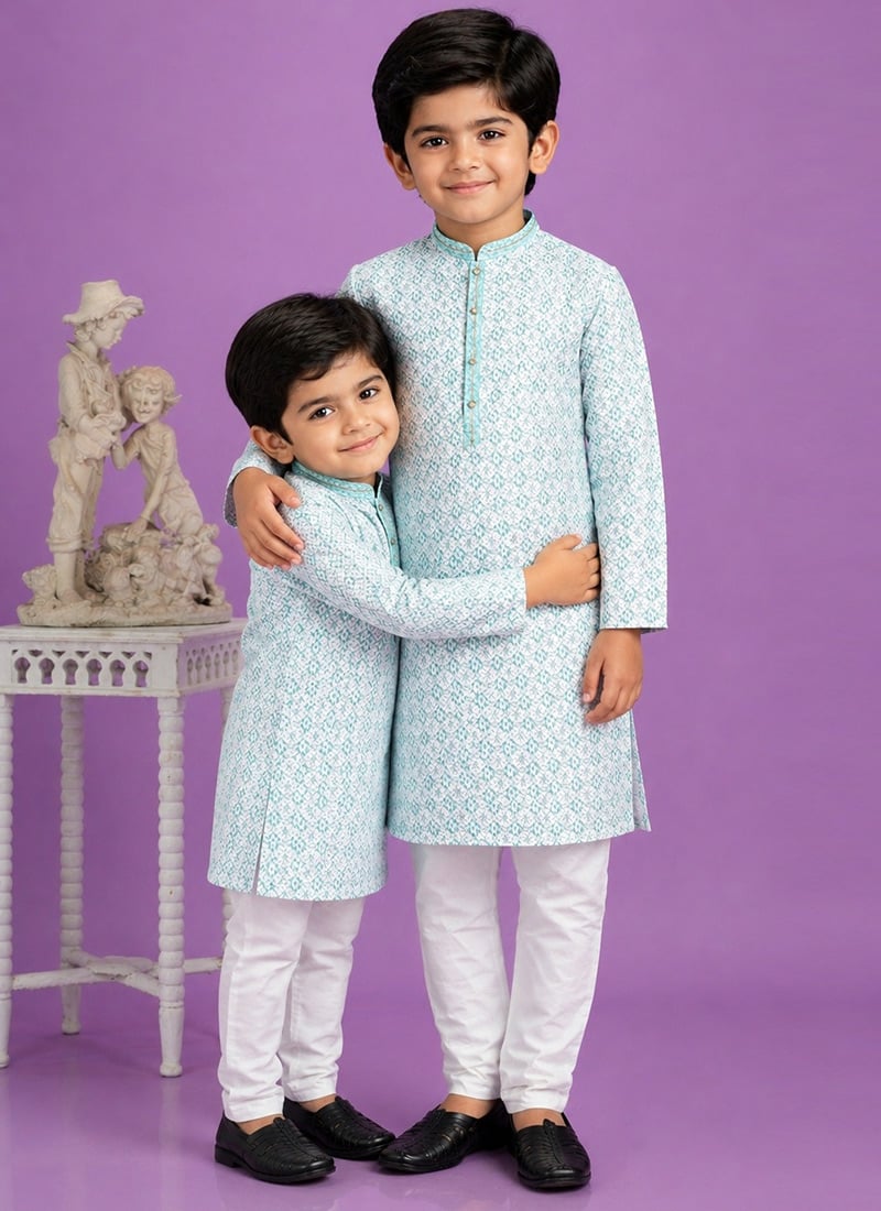 Teal Green Digital Print Kurta Cotton Kurta Pyjama For Kids Boys Festive Wear