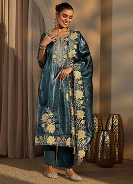 Teal Green Embroidered Sequins Silk Straight Pant Suit