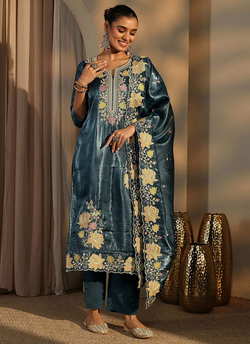 Teal Green Embroidered Sequins Silk Straight Pant Suit Festive Wear