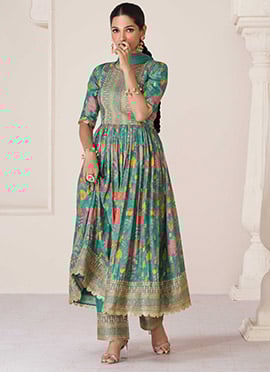 Teal Green Embroidery Printed Organza Silk Anarkali Suit