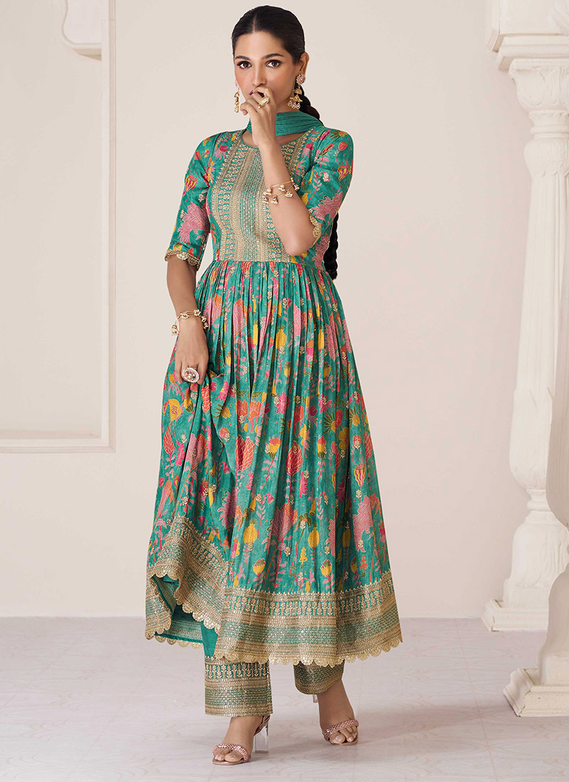 Teal Green Embroidery Printed Organza Silk Anarkali Suit Party Wear