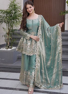 Teal Green Fandy Silk Embroidered Sequins Palazzo Suit