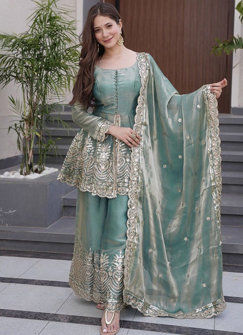Teal Green Fandy Silk Embroidered Sequins Palazzo Suit Festive Wear