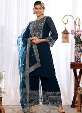 Teal Green Faux Georgette Embroidered Pakistani Suit